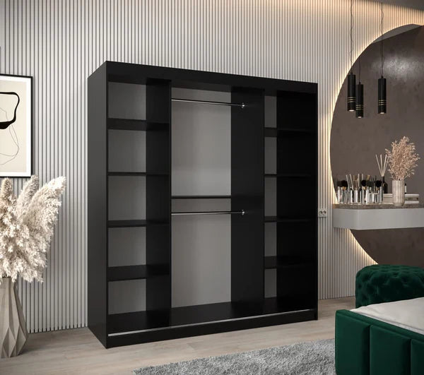 Verona 04 Contemporary 2 Mirrored Sliding Door Wardrobe 9 Shelves 2 Rails Black Matt