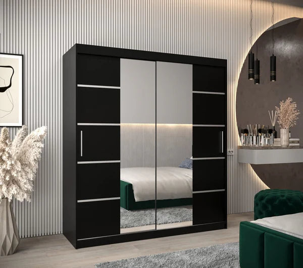 Verona 04 Contemporary 2 Mirrored Sliding Door Wardrobe 9 Shelves 2 Rails Black Matt