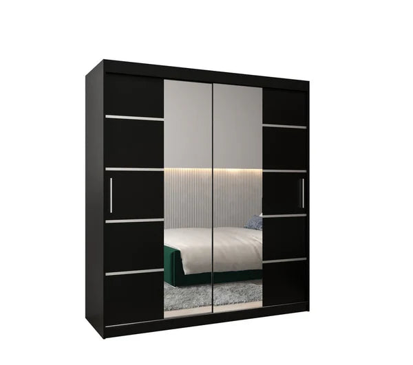 Verona 04 Contemporary 2 Mirrored Sliding Door Wardrobe 9 Shelves 2 Rails Black Matt