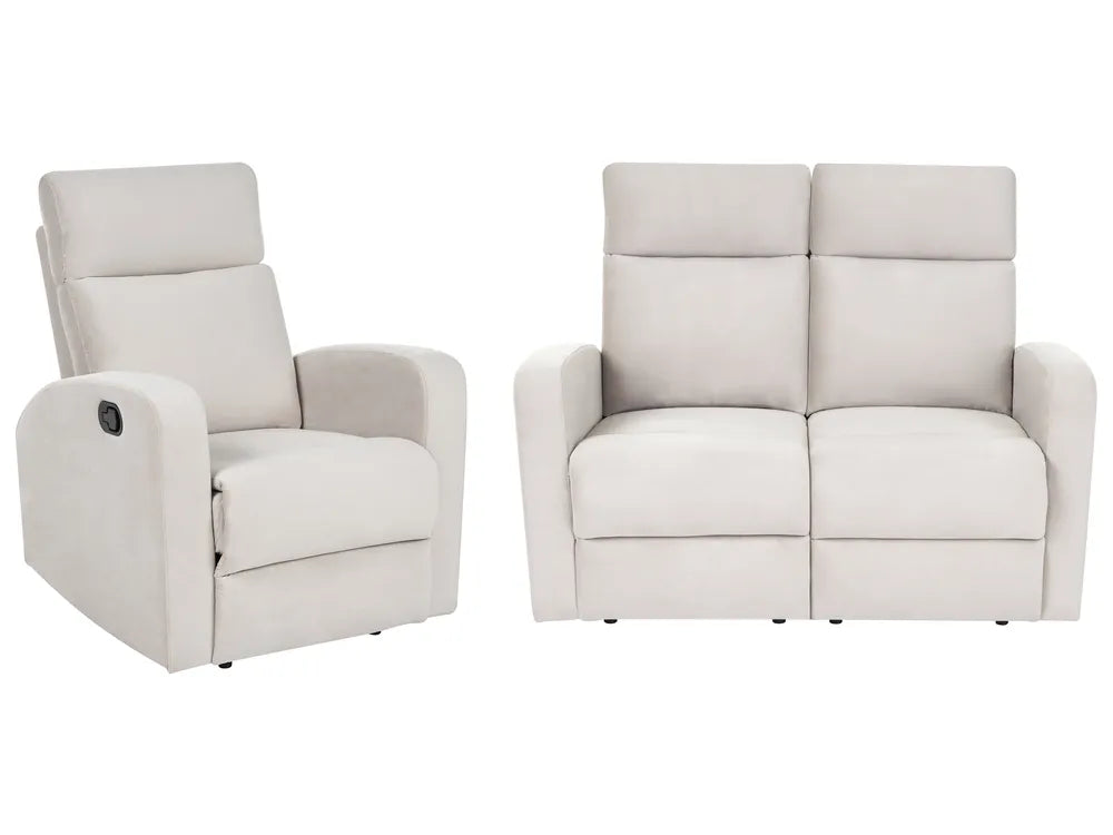 A light beige upholstered recliner chair shown beside a matching two-seat loveseat on a plain white background.