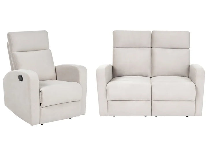A light beige upholstered recliner chair shown beside a matching two-seat loveseat on a plain white background.