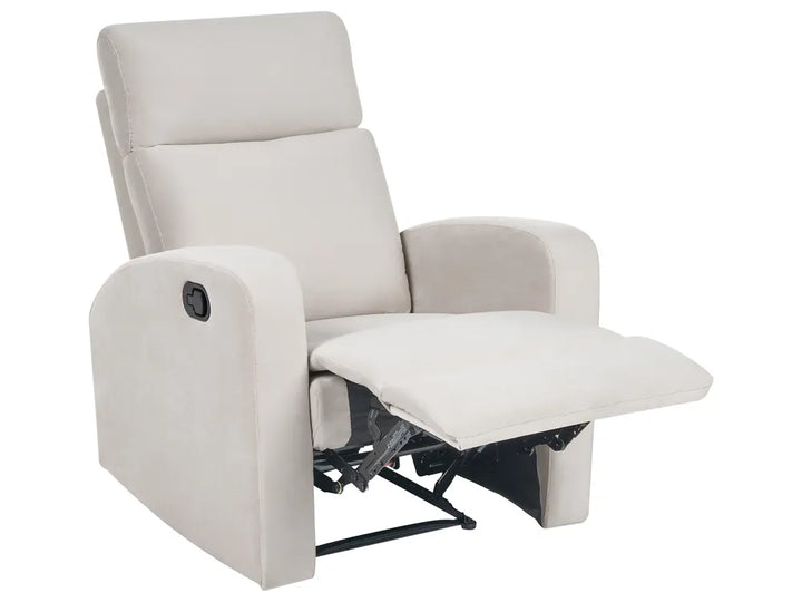 A light beige upholstered recliner chair shown in a partially extended position on a plain white background.