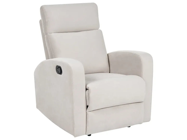 A light beige upholstered recliner chair with a high back, wide armrests, and a small black control button on the outer side, shown on a plain white background.