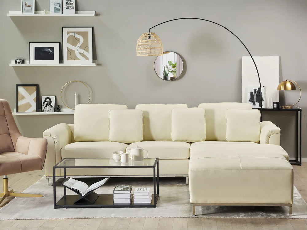 Corner Sofa 5 Seater Leather Light Beige with Ottoman Left Hand Thremo