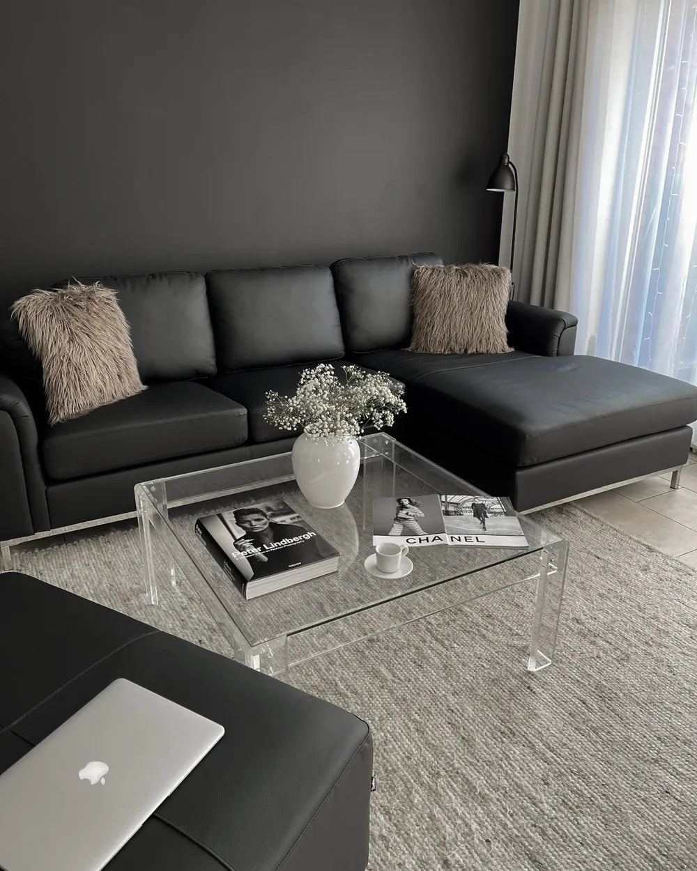 Corner Sofa 5 Seater Leather Black with Ottoman Left Hand Thremo