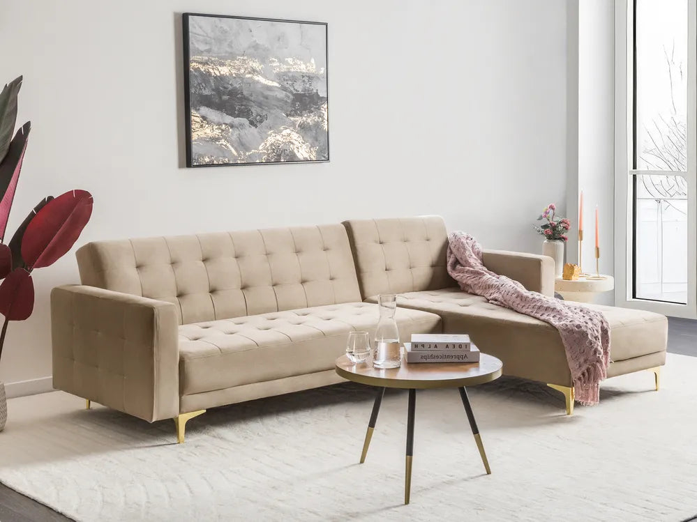 Modular Corner Sofa Bed 4 Seater Velvet Sand Beige Left Hand Denby