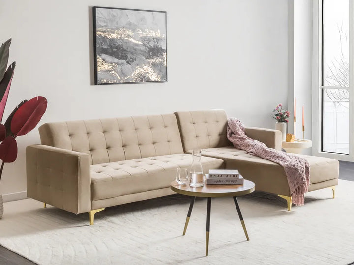Modular Corner Sofa Bed 4 Seater Velvet Sand Beige Left Hand Denby