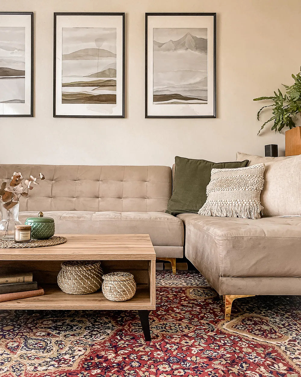 Modular Corner Sofa Bed 4 Seater Velvet Sand Beige Left Hand Denby