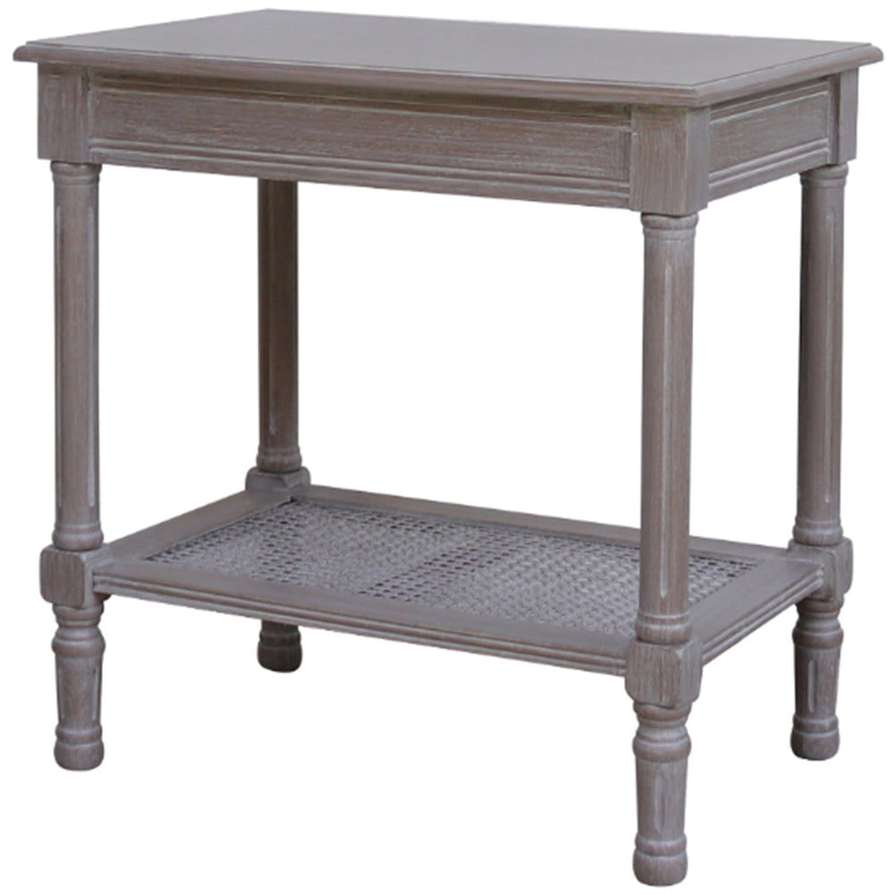 Wooden side table with a textured finish on a white background