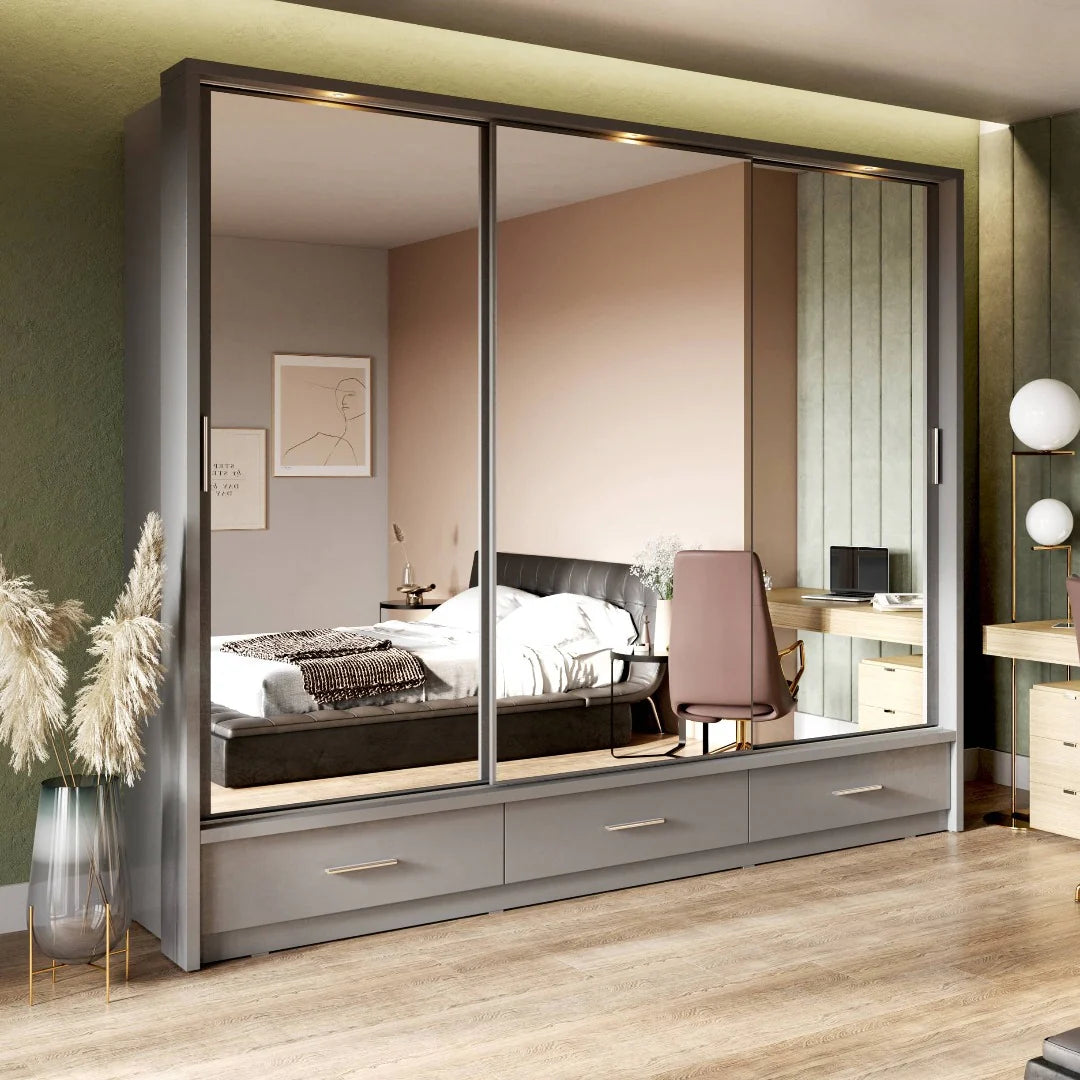 Arti 23 - 3 Sliding Door Wardrobe 250cm Grey Matt with LED Light
