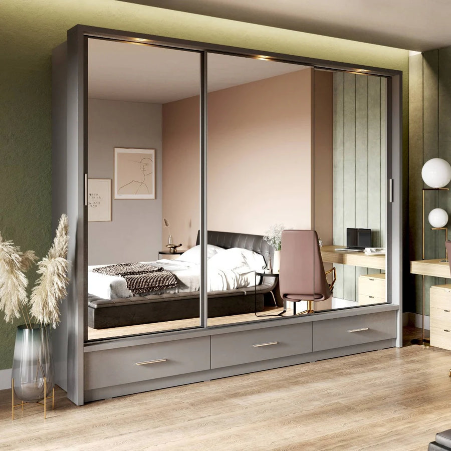Arti 23 - 3 Sliding Door Wardrobe 250cm Grey Matt with LED Light