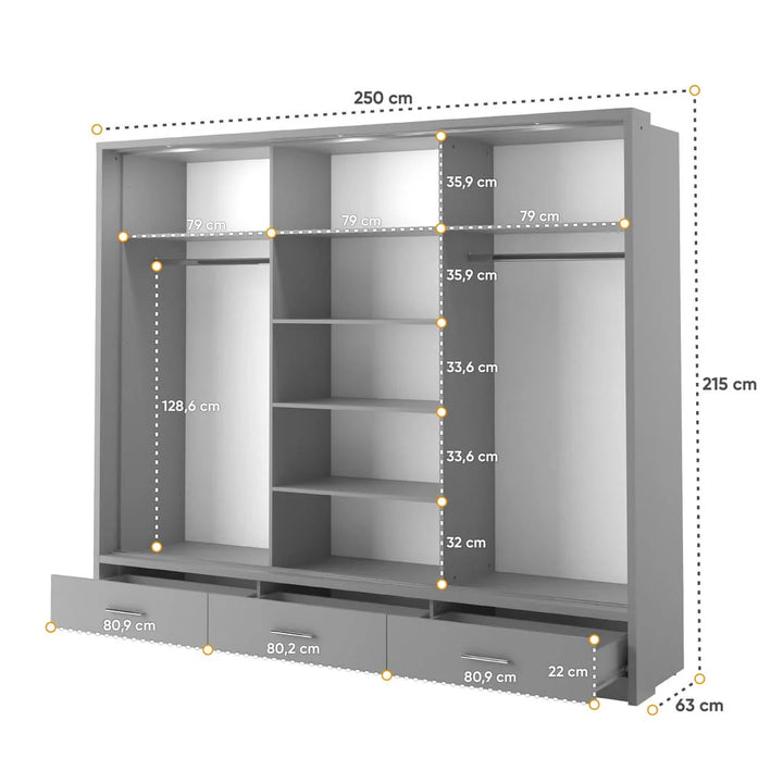 Arti 23 - 3 Sliding Door Wardrobe 250cm Grey Matt with LED Lighting