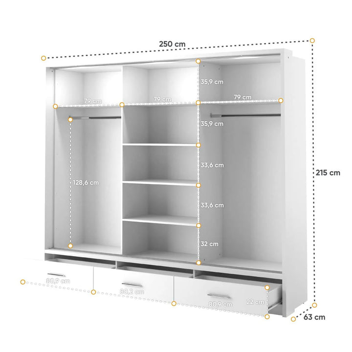 Isabella Sliding Door Wardrobe 250cm White Matt with LED Lights