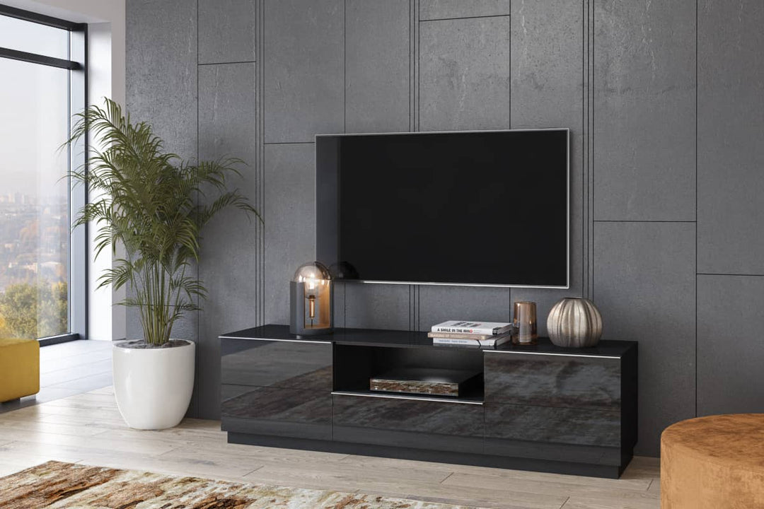 Minimalist Toledo 40 TV Cabinet 208cm - Black Gloss: Sleek Storage Solution for Contemporary Living Spaces