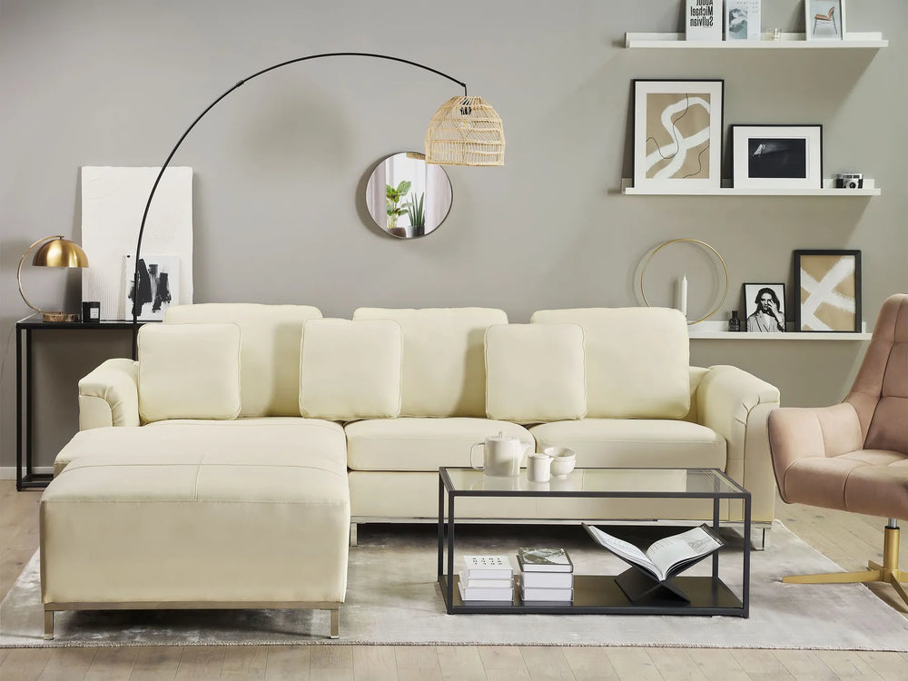 Corner Sofa 5 Seater Leather Light Beige with Ottoman Right Hand Thremo