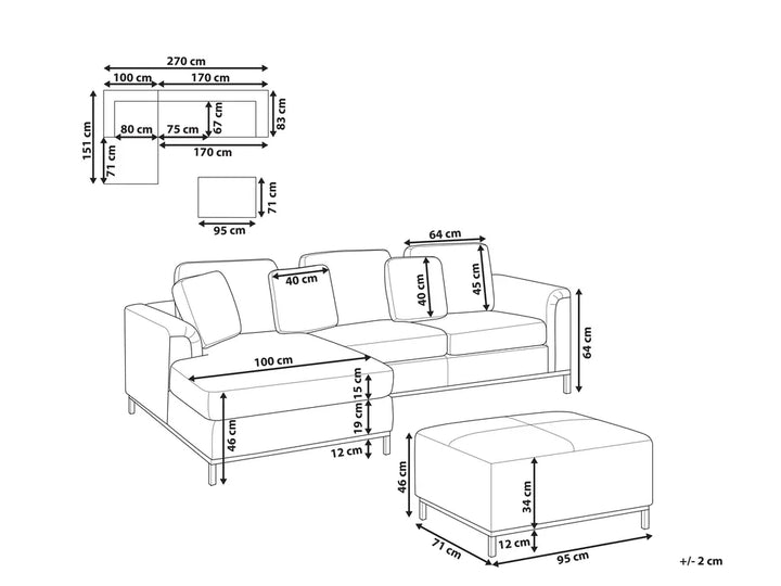 Corner Sofa 5 Seater Leather Black with Ottoman Right Hand Thremo