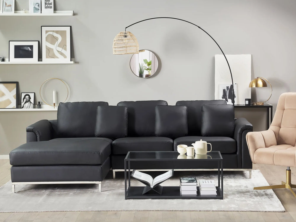 Corner Sofa 5 Seater Leather Black with Ottoman Right Hand Thremo