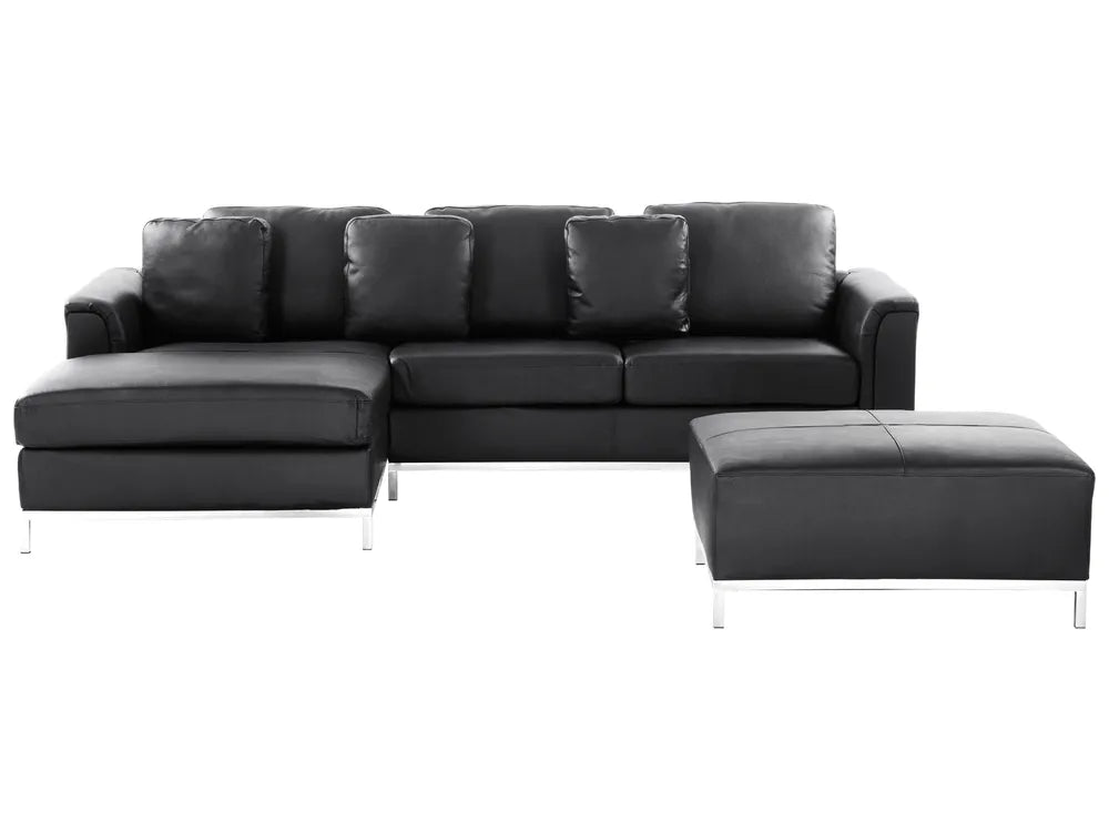 Corner Sofa 5 Seater Leather Black with Ottoman Right Hand Thremo