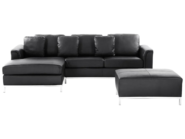 Corner Sofa 5 Seater Leather Black with Ottoman Right Hand Thremo