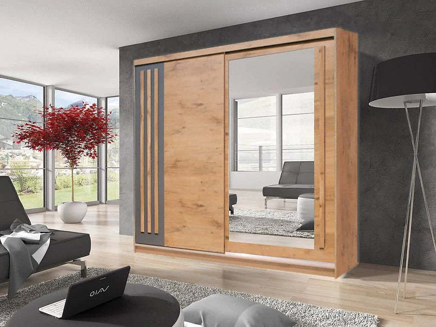 Effect 2 Mirrored Sliding Door Wardrobe in Oak Lancelot