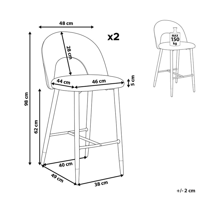 Set of 2 Bar Chairs Velvet Grey Leg Caps for Surface Protection Enzora