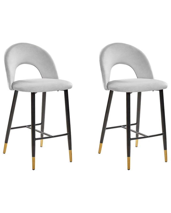Set of 2 Bar Chairs Velvet Grey Leg Caps for Surface Protection Enzora