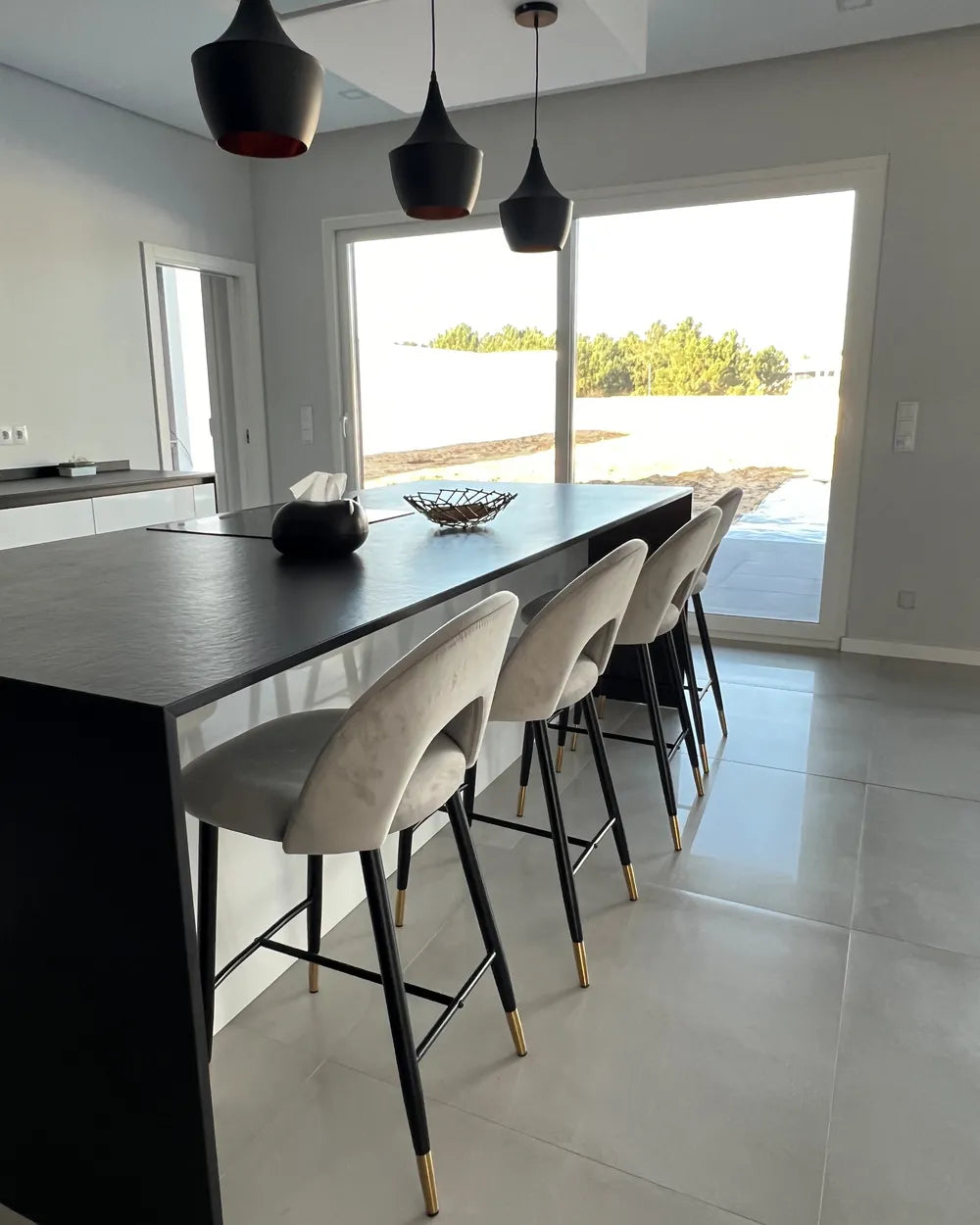 Set of 2 Bar Chairs Velvet Grey Leg Caps for Surface Protection Enzora