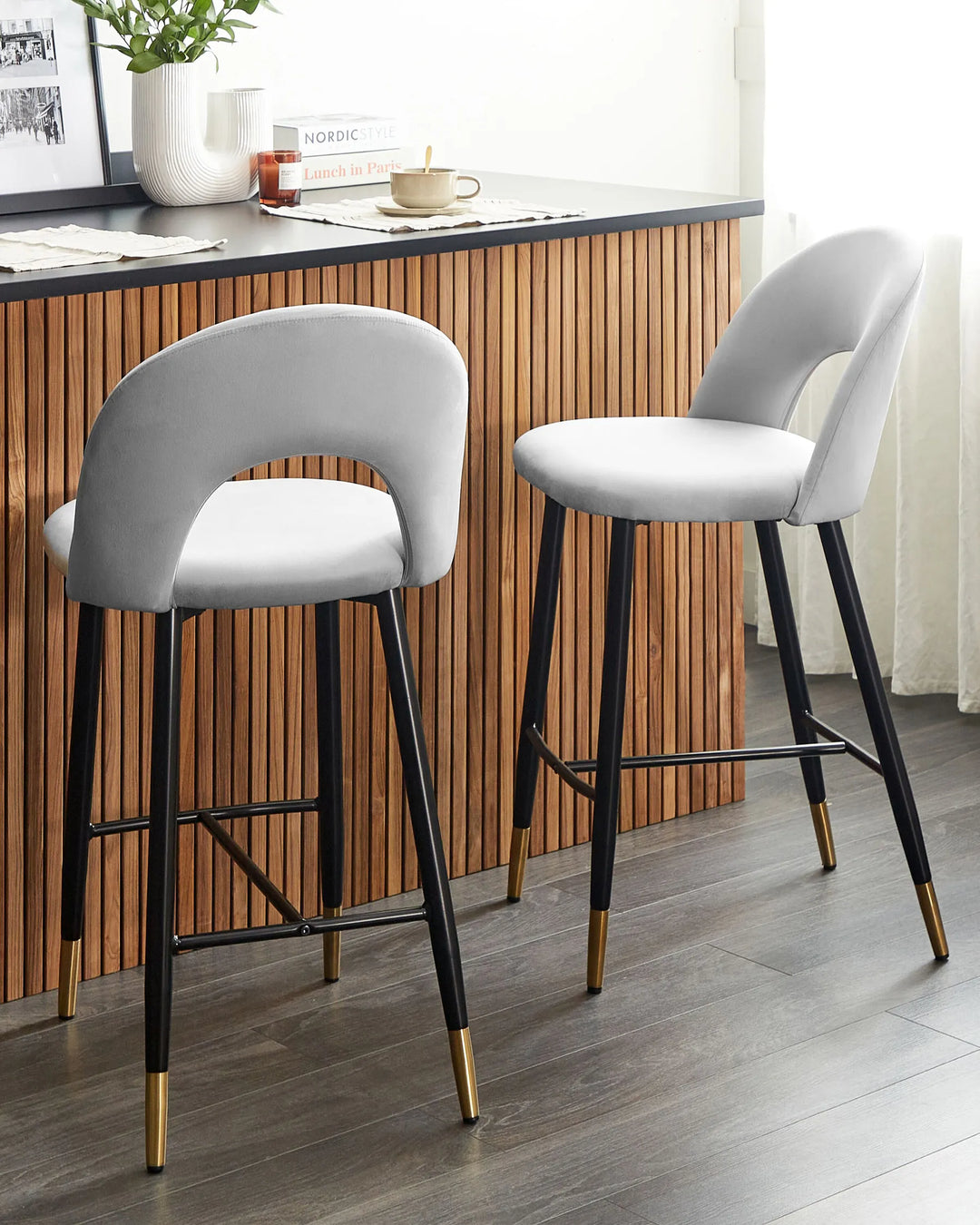 Set of 2 Bar Chairs Velvet Grey Leg Caps for Surface Protection Enzora
