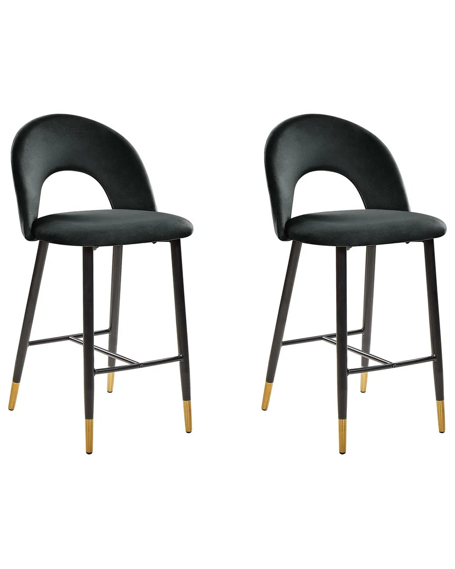 Set of 2 Bar Chairs Velvet Black Comfortable Footre Presta