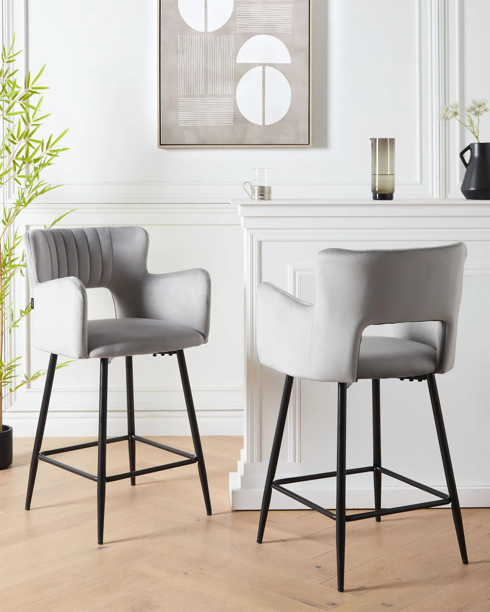 Set of 2 Bar Chairs Velvet Light Grey Precise Finish Gellon