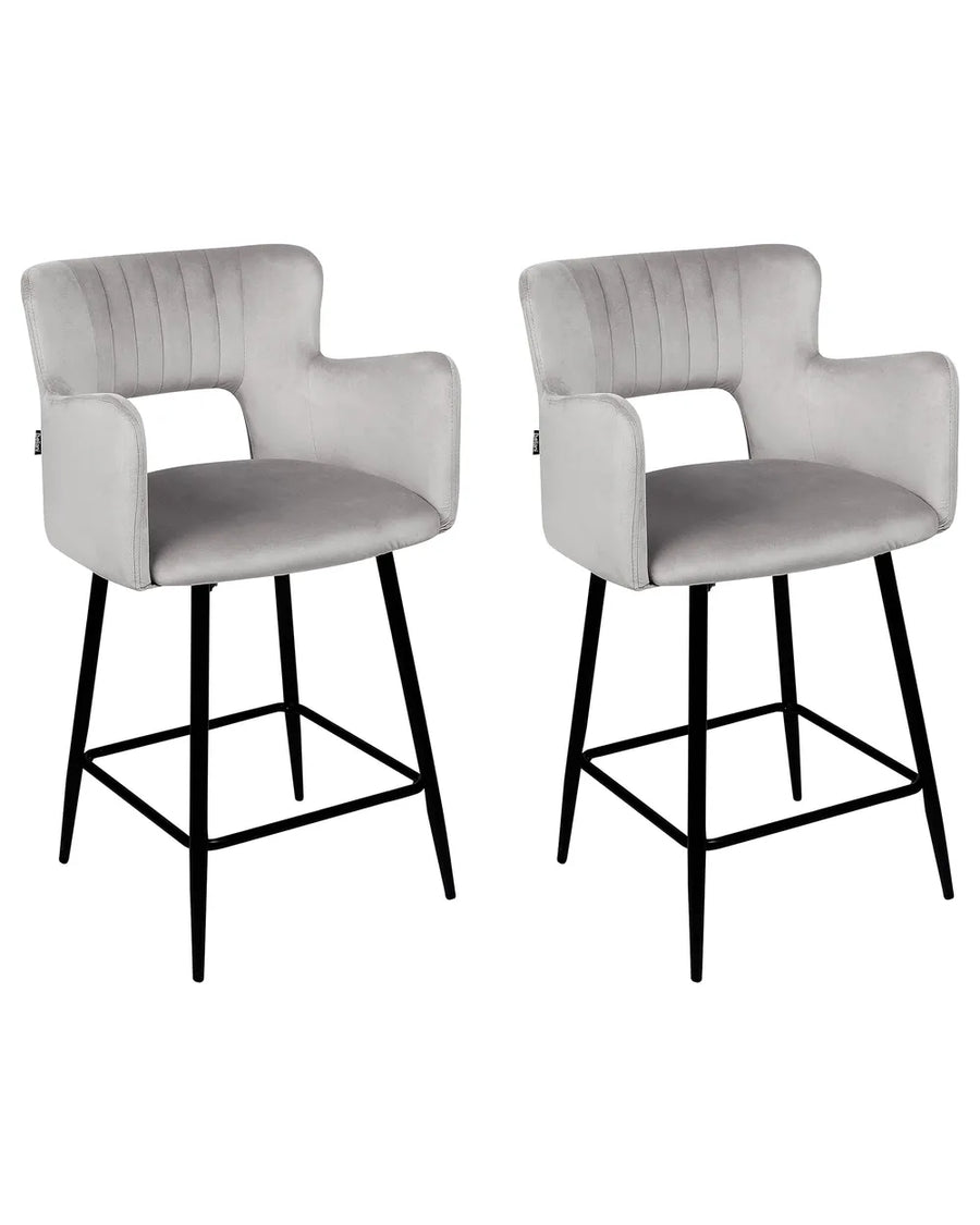 Set of 2 Bar Chairs Velvet Light Grey Precise Finish Gellon
