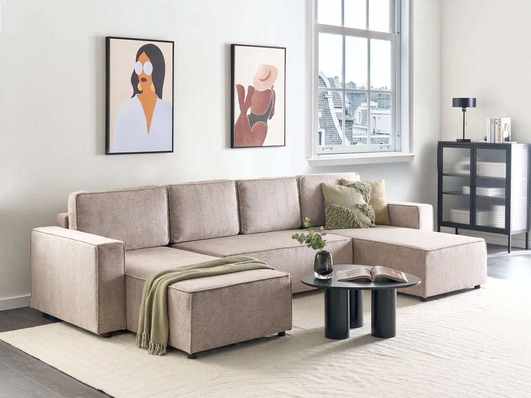 U-Shape Sofa Bed 4 Seater Fabric Light Brown with Storage Solta