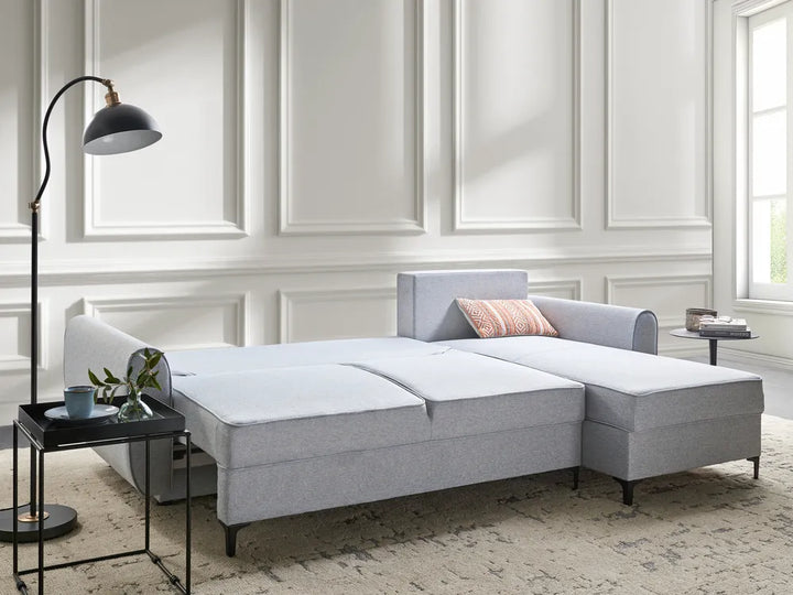 Corner Sofa Bed 3 Seater Fabric Light Blue with Storage Left Hand Tavo