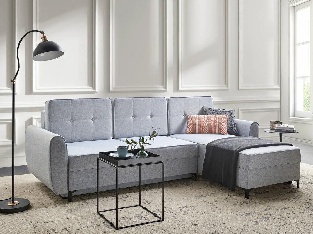 Corner Sofa Bed 3 Seater Fabric Light Blue with Storage Left Hand Tavo