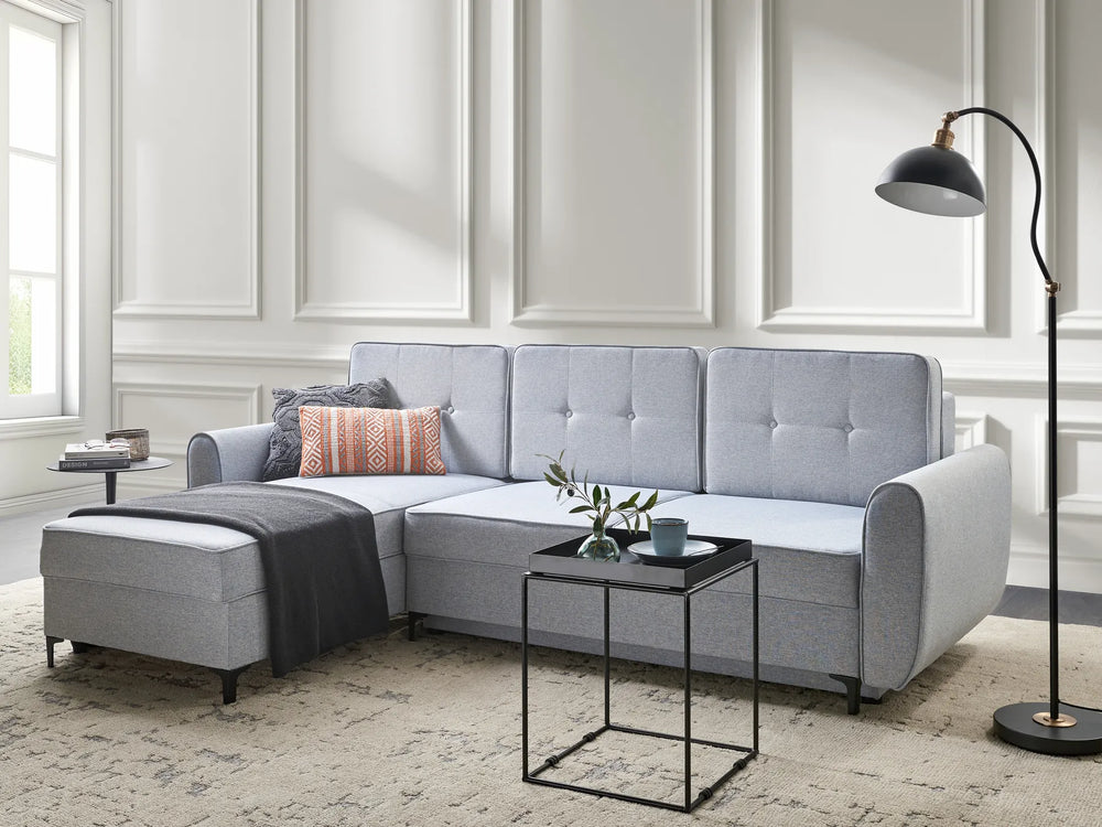 Corner Sofa Bed 3 Seater Fabric Light Blue with Storage Right Hand Tavo