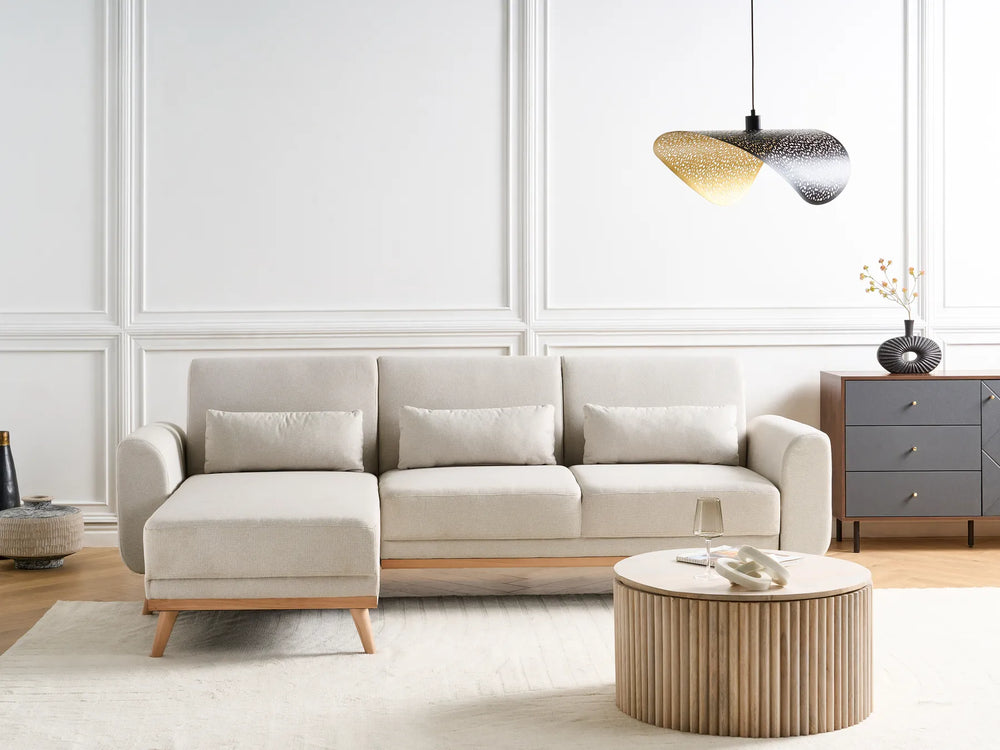 Corner Sofa Bed 3 Seater Fabric Light Beige Right Hand Andress