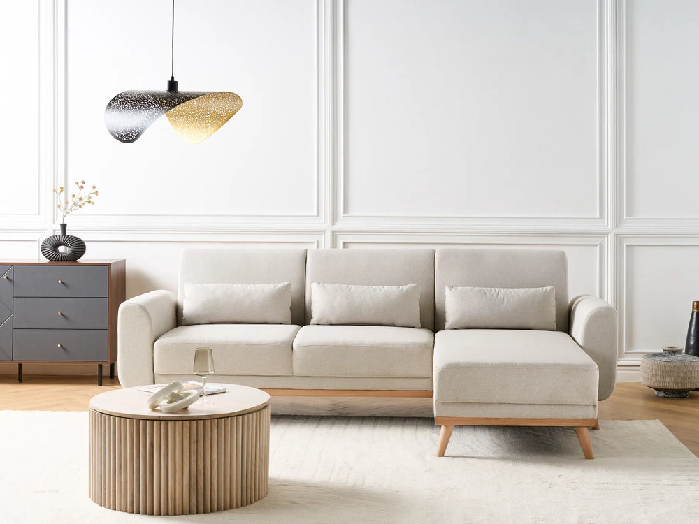 Corner Sofa Bed 3 Seater Fabric Light Beige Left Hand Andress