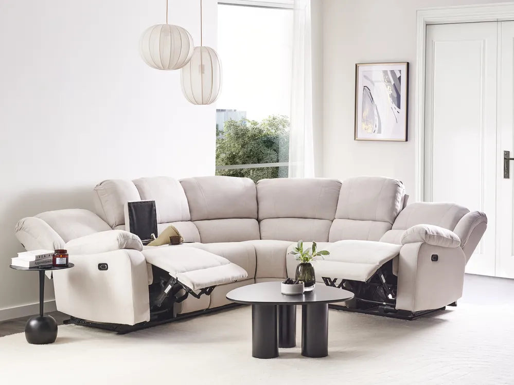 Manual Recliner Corner Sofa 5 Seater Fabric Light Beige with USB Port Left Hand Mailina