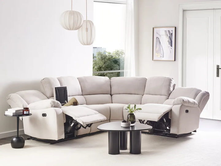 Manual Recliner Corner Sofa 5 Seater Fabric Light Beige with USB Port Left Hand Mailina