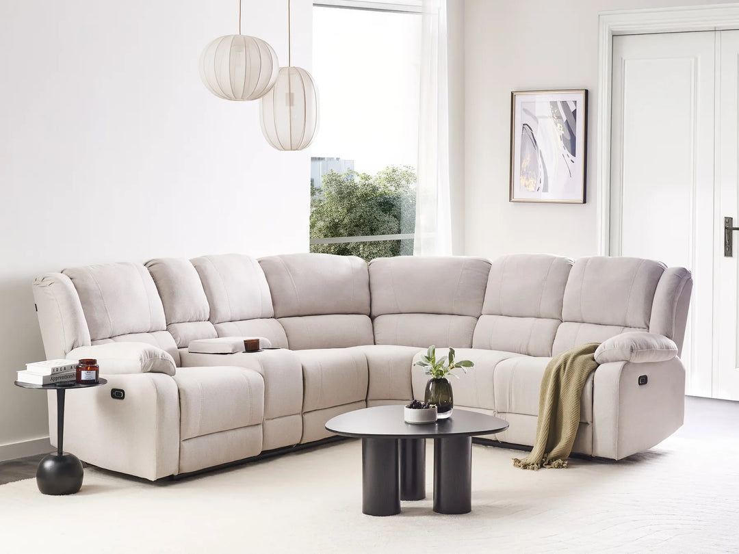 Manual Recliner Corner Sofa 5 Seater Fabric Light Beige with USB Port Left Hand Mailina