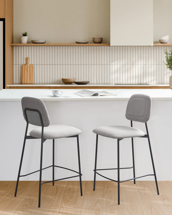 Set of 2 Bar Chairs Faux Linen Light Grey Comfortable Seating Ristor