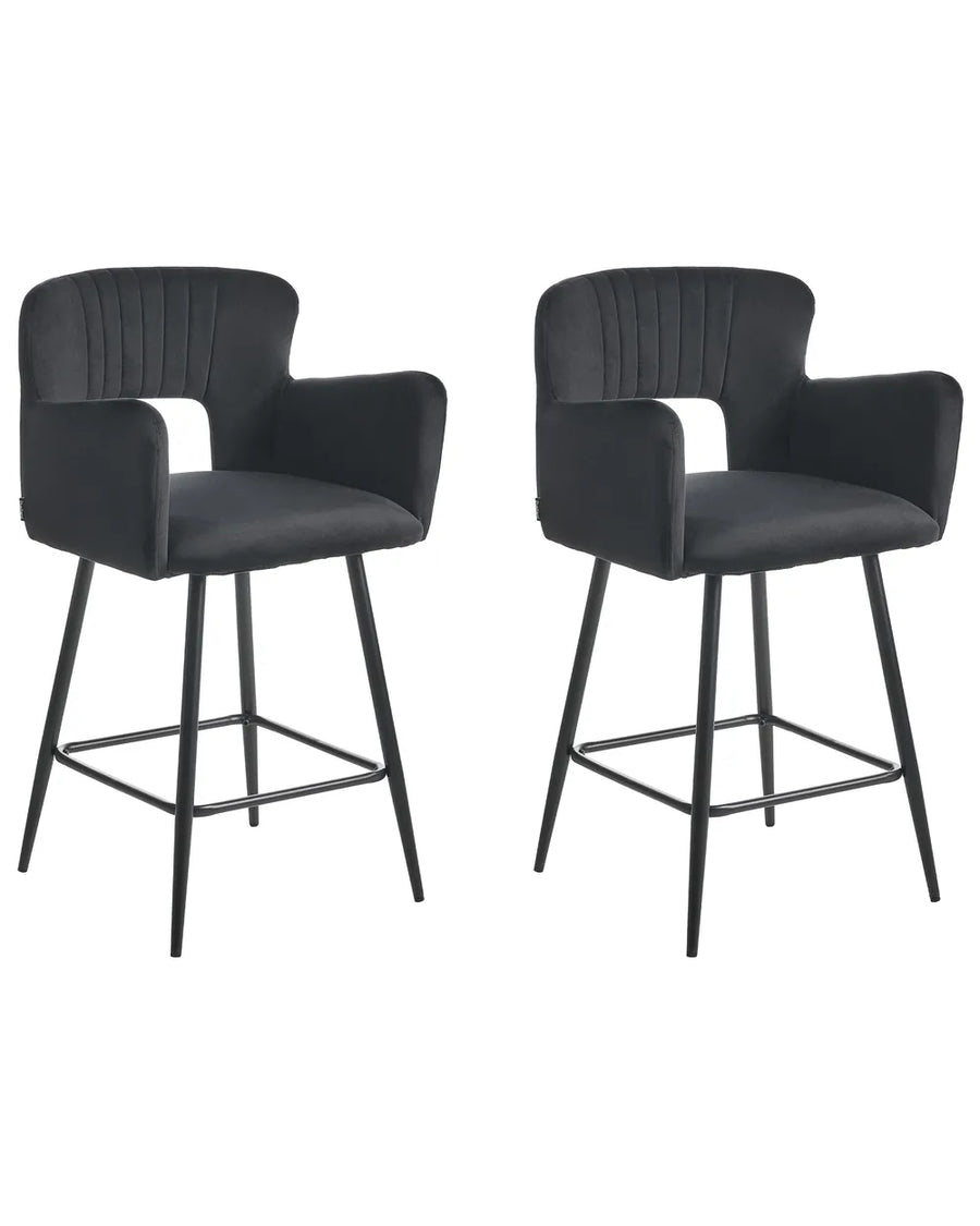 Set of 2 Bar Chairs Velvet Black Precise Finish Gellon