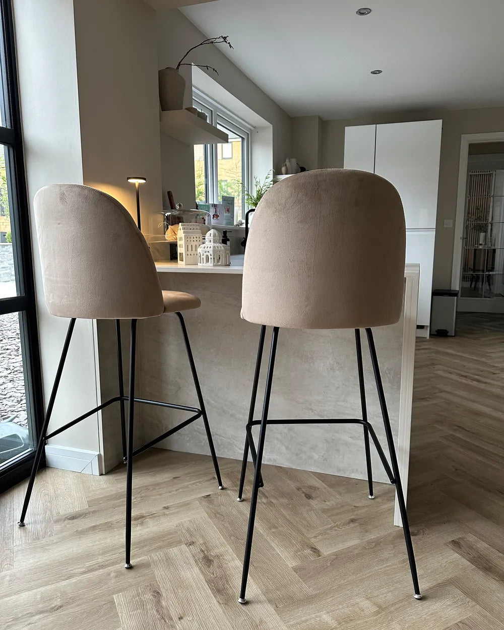 Set of 2 Bar Chairs Velvet Taupe Stable Legs for Maximum Comfort Trevla