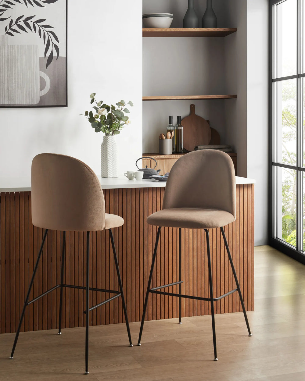 Set of 2 Bar Chairs Velvet Taupe Stable Legs for Maximum Comfort Trevla