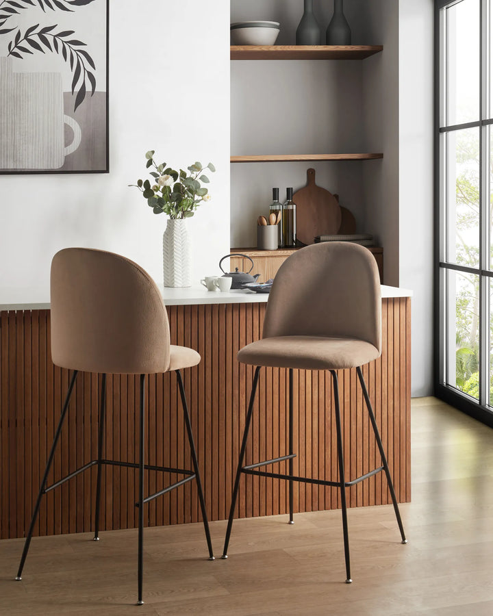 Set of 2 Bar Chairs Velvet Taupe Stable Legs for Maximum Comfort Trevla
