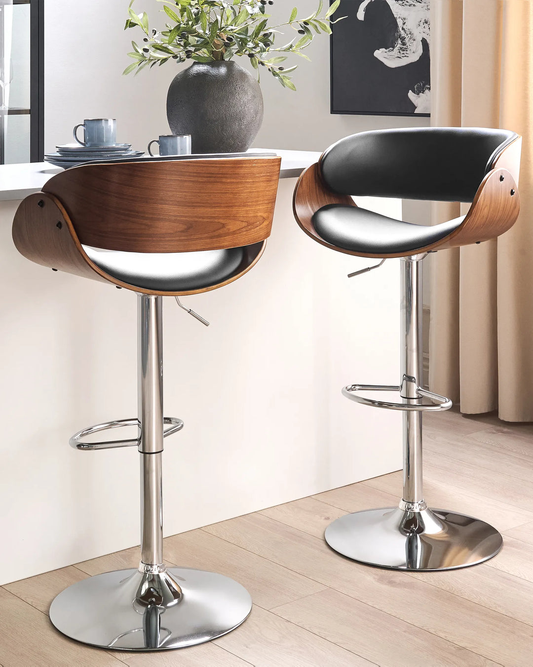 Set of 2 Bar Chairs Faux Leather Swivel Black Precise Finish Montea