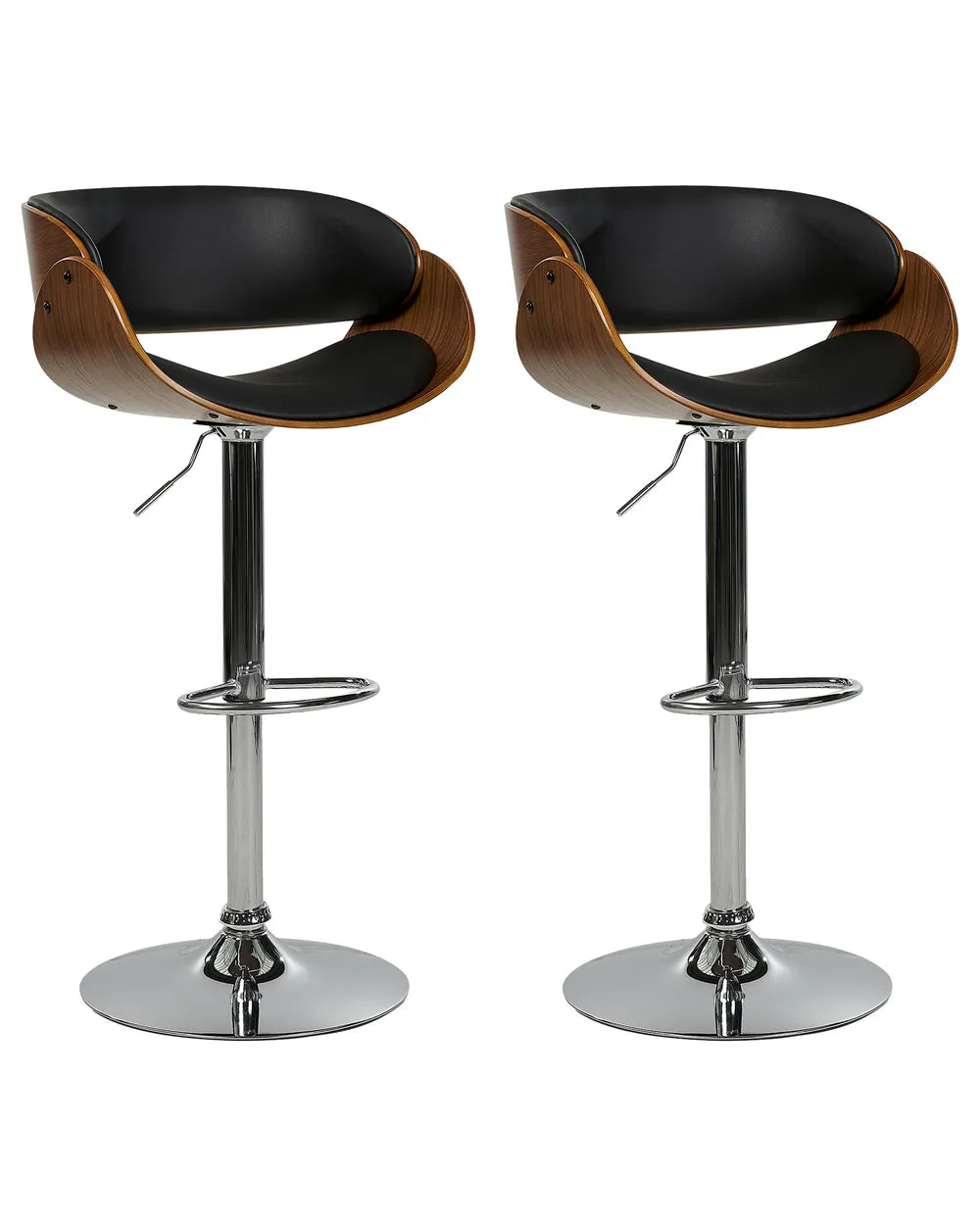 Set of 2 Bar Chairs Faux Leather Swivel Black Precise Finish Montea