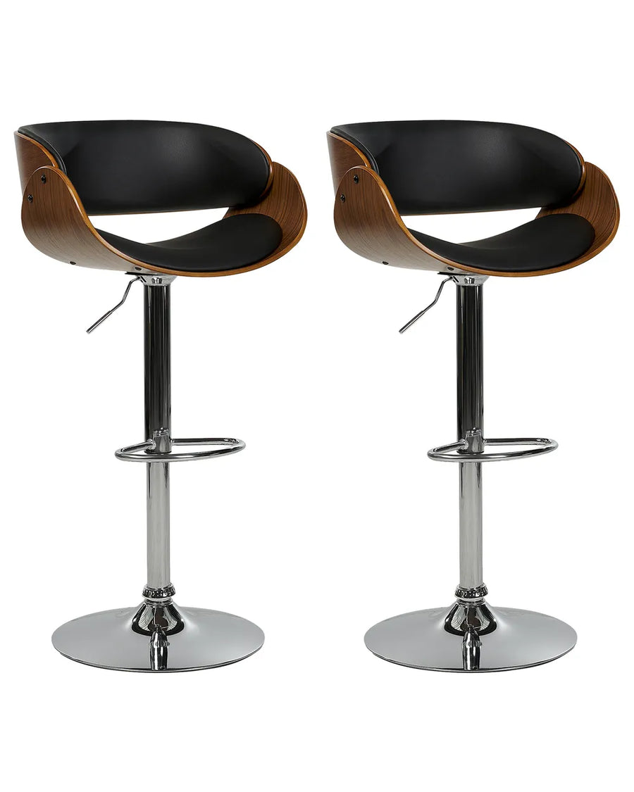 Set of 2 Bar Chairs Faux Leather Swivel Black Precise Finish Montea