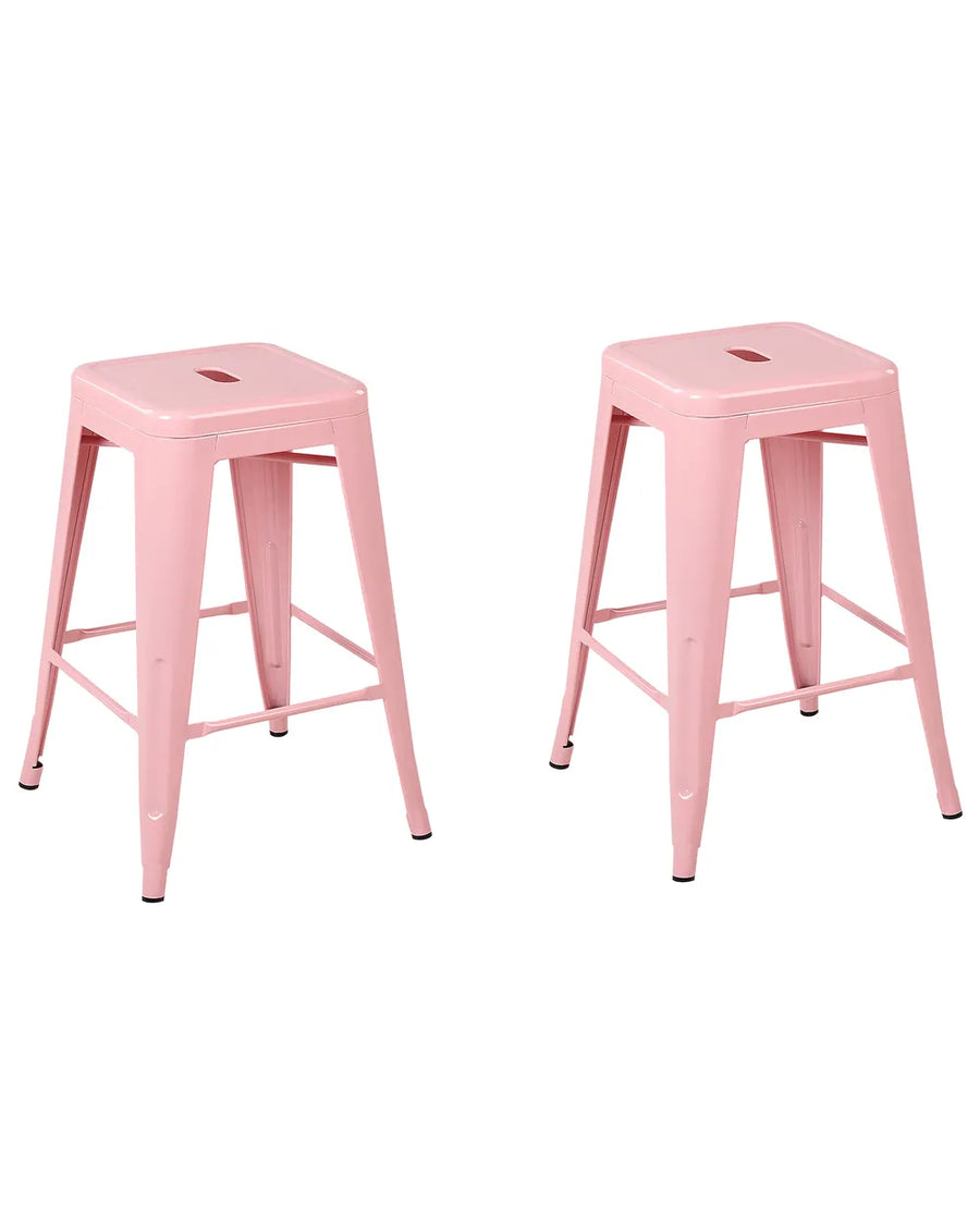 Set of 2 Bar Stools Metal Pink Space-Saving and Stackable Yerano