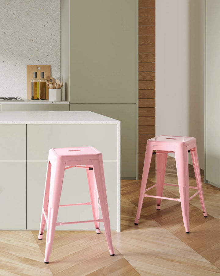 Set of 2 Bar Stools Metal Pink Space-Saving and Stackable Yerano